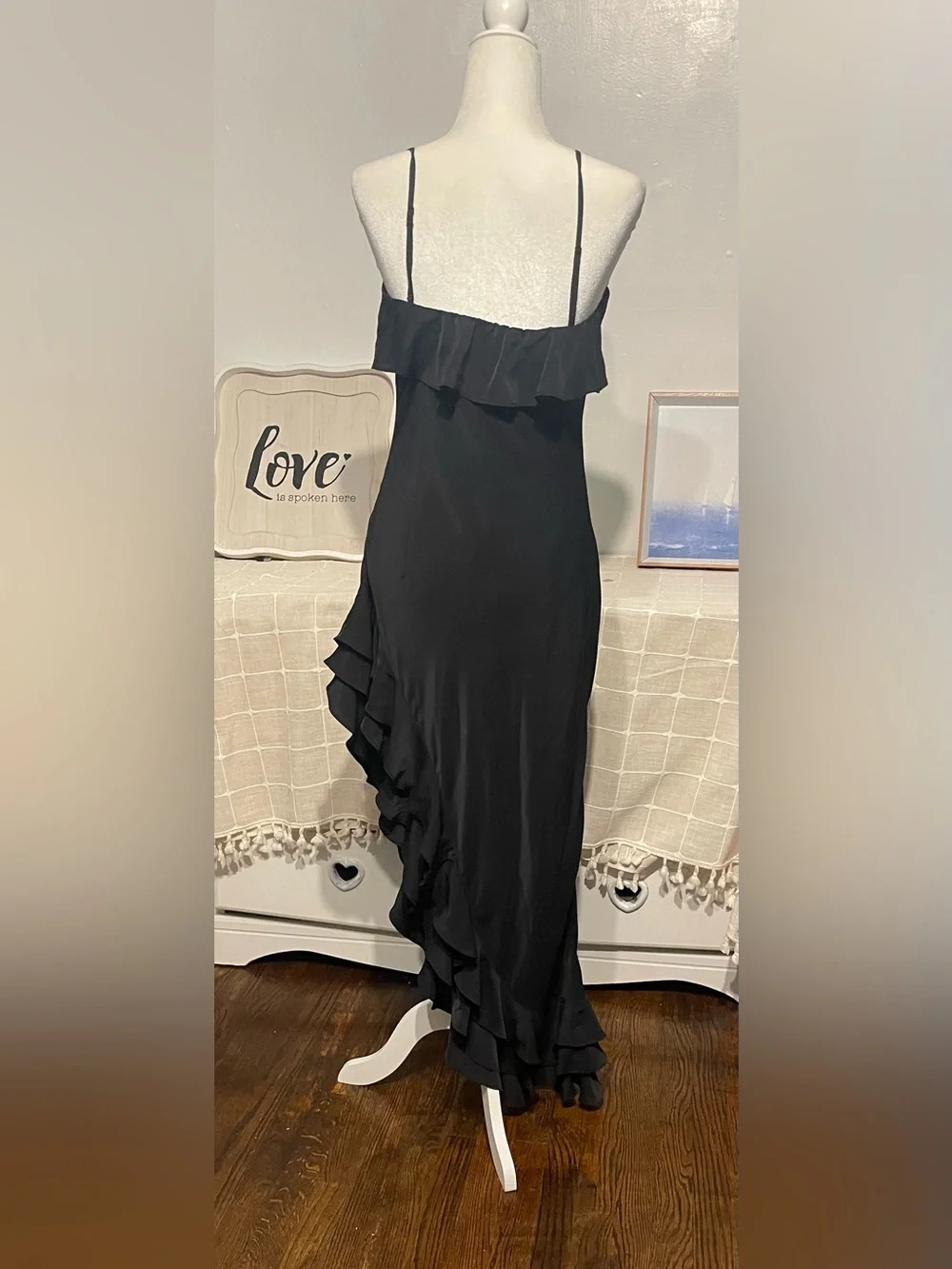 Abercrombie & Fitch Black Ruffle-Trim Maxi Slip Dress with Side Slit size M